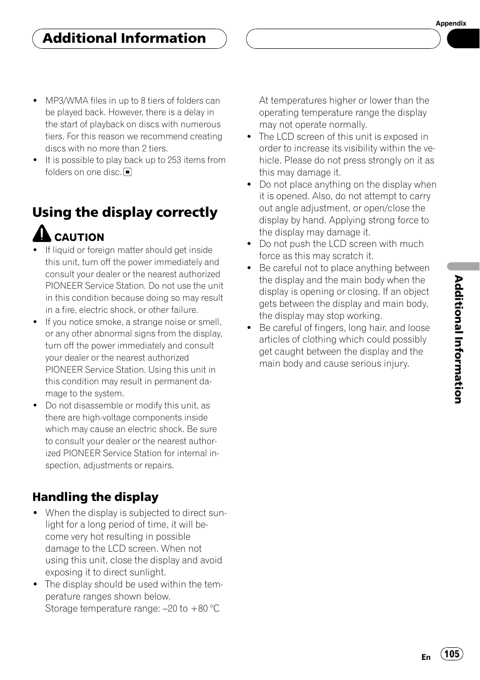 Using the display correctly 105, Using the display correctly, Additionalinformation | Handling the display | Pioneer AV Receiver/DVD Payer with 6.5 inch Wide Display AVH-P5700DVD User Manual | Page 105 / 114