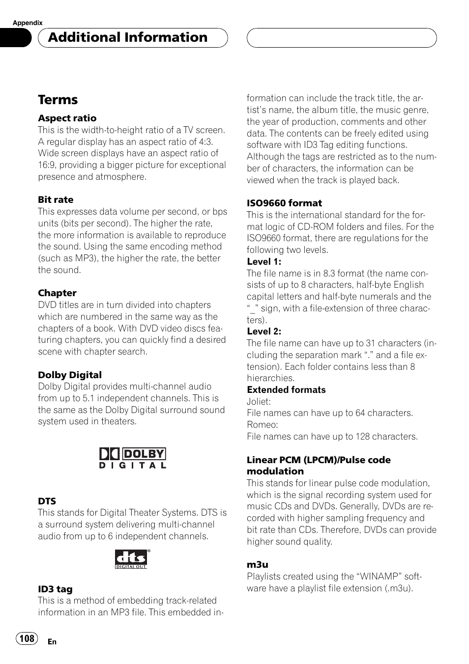 Terms 108, Terms, Additionalinformation | Pioneer AV Receiver/DVD Payer with 6.5 inch Wide Display AVH-P5700DVD User Manual | Page 108 / 114