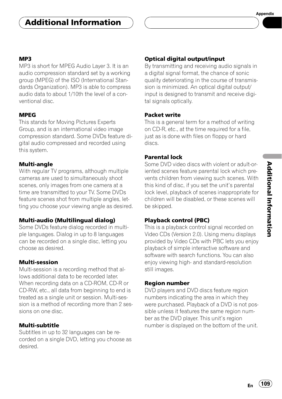 Additionalinformation | Pioneer AV Receiver/DVD Payer with 6.5 inch Wide Display AVH-P5700DVD User Manual | Page 109 / 114