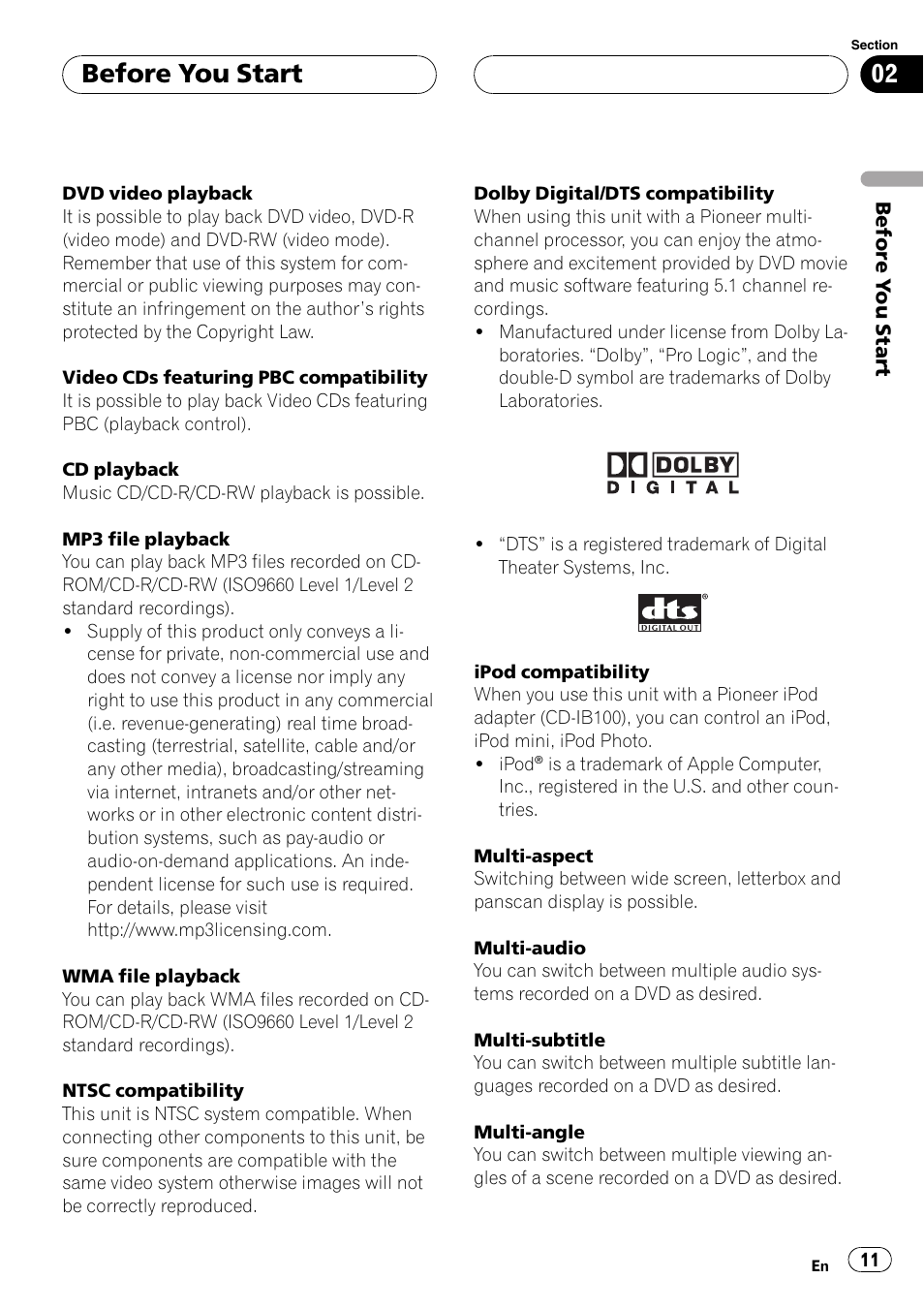 Before you start | Pioneer AV Receiver/DVD Payer with 6.5 inch Wide Display AVH-P5700DVD User Manual | Page 11 / 114