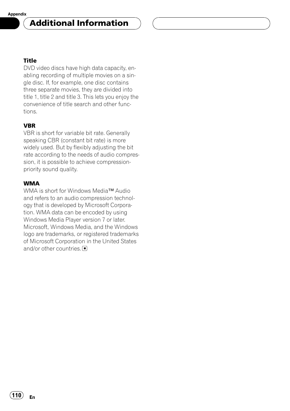 Additionalinformation | Pioneer AV Receiver/DVD Payer with 6.5 inch Wide Display AVH-P5700DVD User Manual | Page 110 / 114