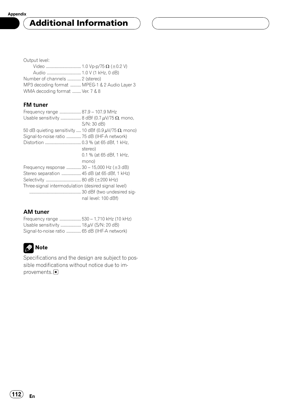 Additionalinformation | Pioneer AV Receiver/DVD Payer with 6.5 inch Wide Display AVH-P5700DVD User Manual | Page 112 / 114
