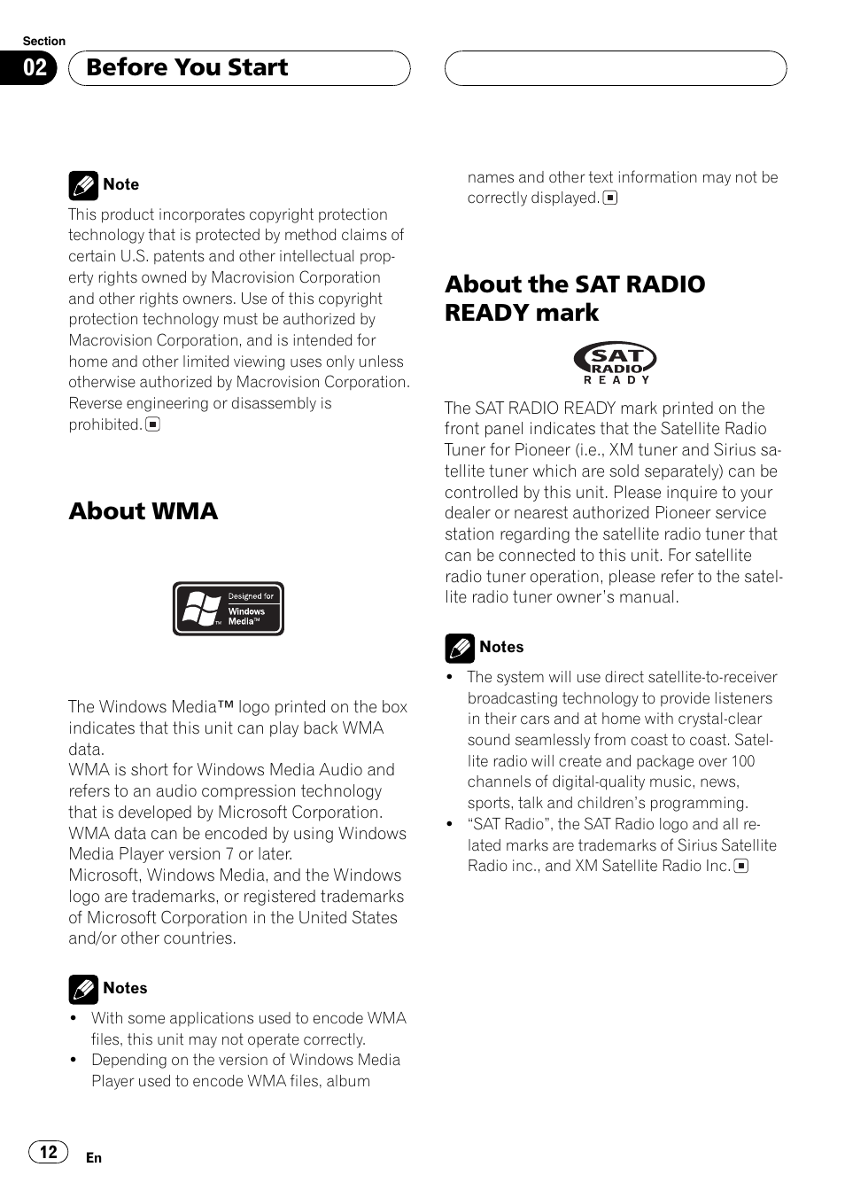 About wma 12 about the sat radio ready mark 12, About wma, About the sat radio ready mark | Before you start | Pioneer AV Receiver/DVD Payer with 6.5 inch Wide Display AVH-P5700DVD User Manual | Page 12 / 114