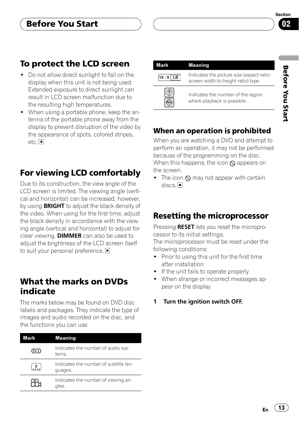 When an operation is prohibited 13, For viewing lcd comfortably, What the marks on dvds indicate | Resetting the microprocessor, Before you start, When an operation is prohibited | Pioneer AV Receiver/DVD Payer with 6.5 inch Wide Display AVH-P5700DVD User Manual | Page 13 / 114