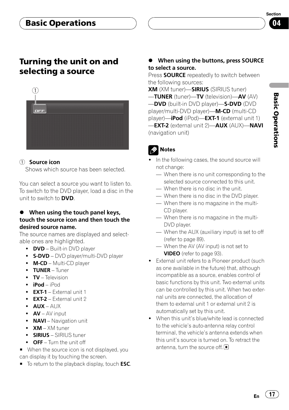 Source 17, Turning the unit on and selecting a source, Basic operations | Pioneer AV Receiver/DVD Payer with 6.5 inch Wide Display AVH-P5700DVD User Manual | Page 17 / 114
