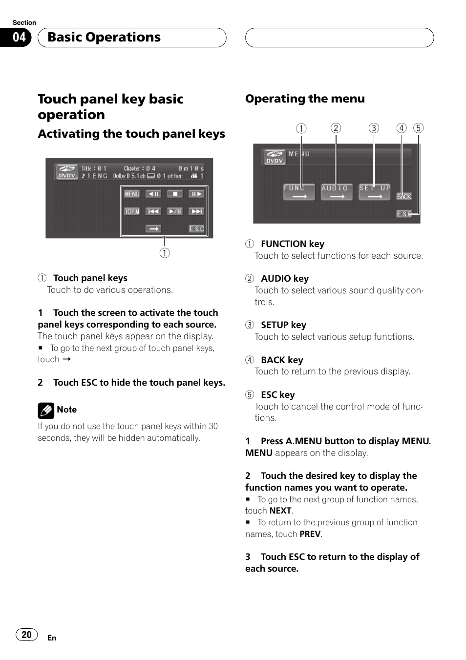 Touch panel key basic operation 20, Touch panelkey basic operation, Basic operations | Pioneer AV Receiver/DVD Payer with 6.5 inch Wide Display AVH-P5700DVD User Manual | Page 20 / 114