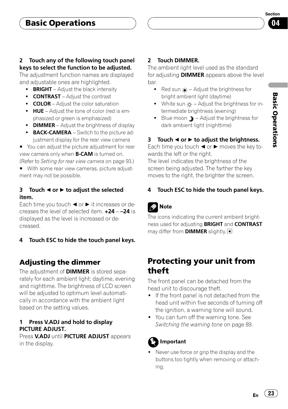 Protecting your unit from theft 23, Protecting your unit from theft, Basic operations | Adjusting the dimmer | Pioneer AV Receiver/DVD Payer with 6.5 inch Wide Display AVH-P5700DVD User Manual | Page 23 / 114
