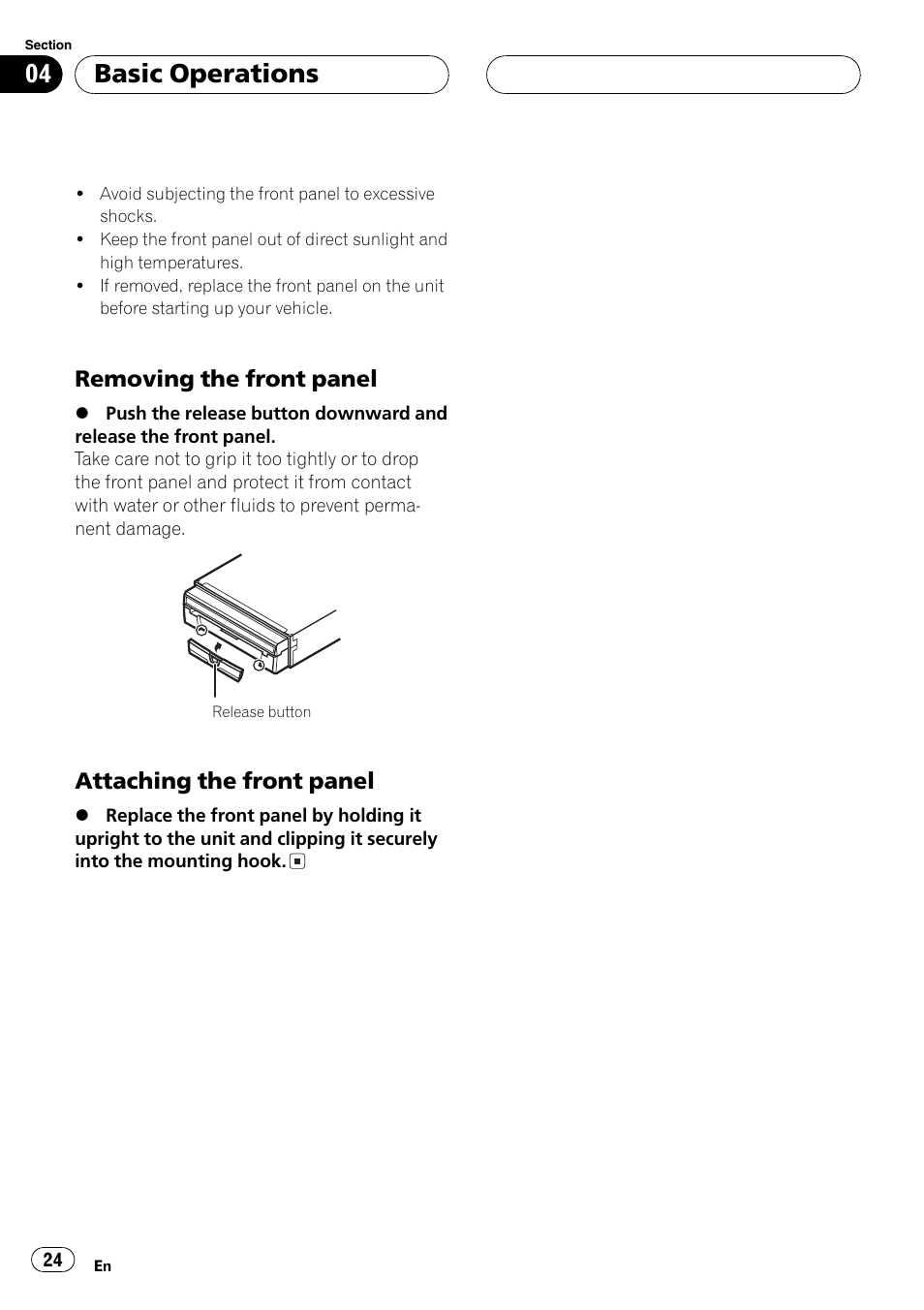 Basic operations, Removing the front panel, Attaching the front panel | Pioneer AV Receiver/DVD Payer with 6.5 inch Wide Display AVH-P5700DVD User Manual | Page 24 / 114