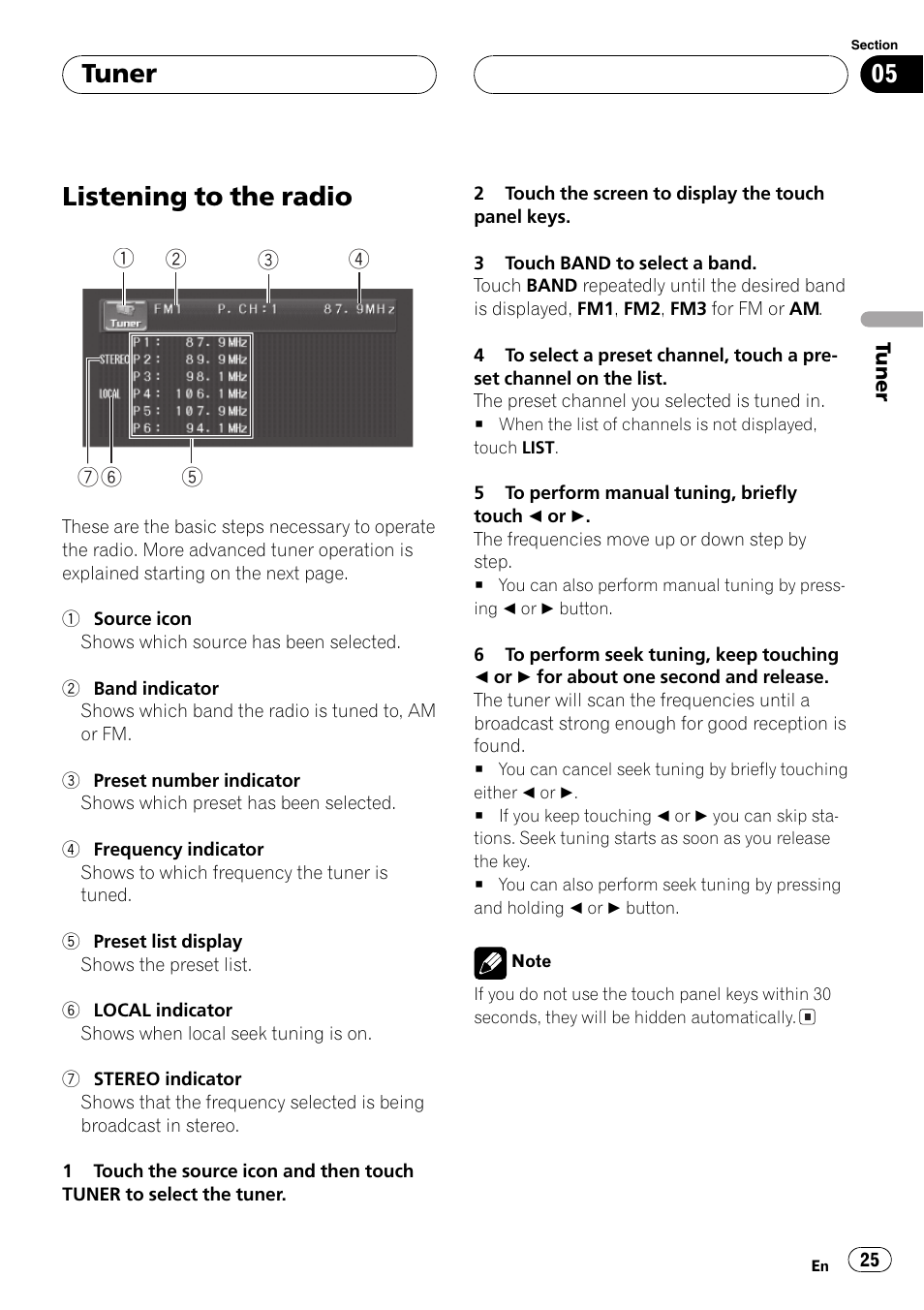 Tuner listening to the radio 25, Listening to the radio, Tuner | Pioneer AV Receiver/DVD Payer with 6.5 inch Wide Display AVH-P5700DVD User Manual | Page 25 / 114