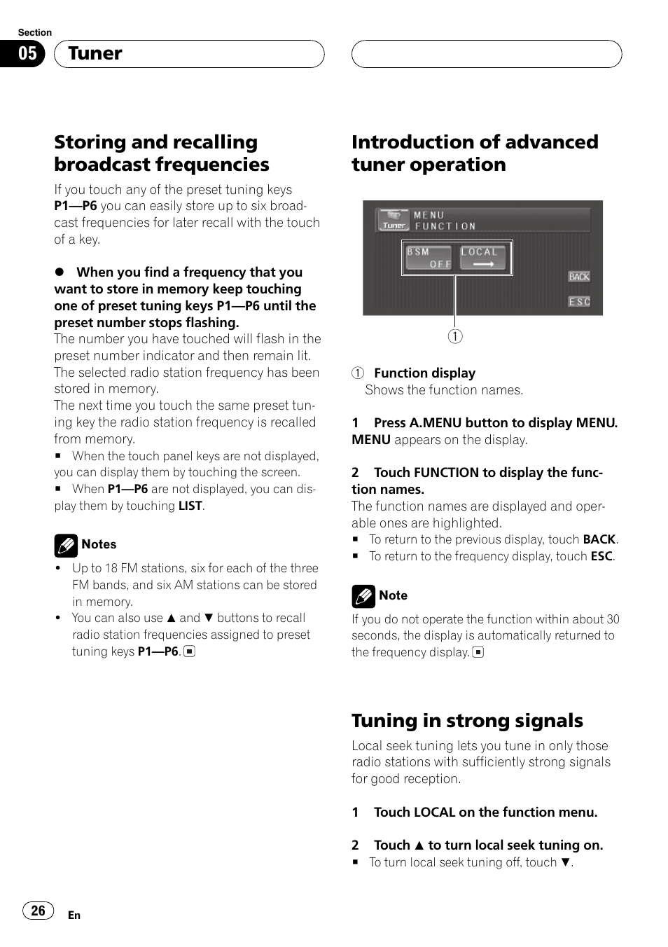 Storing and recalling broadcast, Frequencies 26, Introduction of advanced tuner | Operation 26, Tuning in strong signals 26, Storing and recalling broadcast frequencies, Introduction of advanced tuner operation, Tuning in strong signals, Tuner | Pioneer AV Receiver/DVD Payer with 6.5 inch Wide Display AVH-P5700DVD User Manual | Page 26 / 114