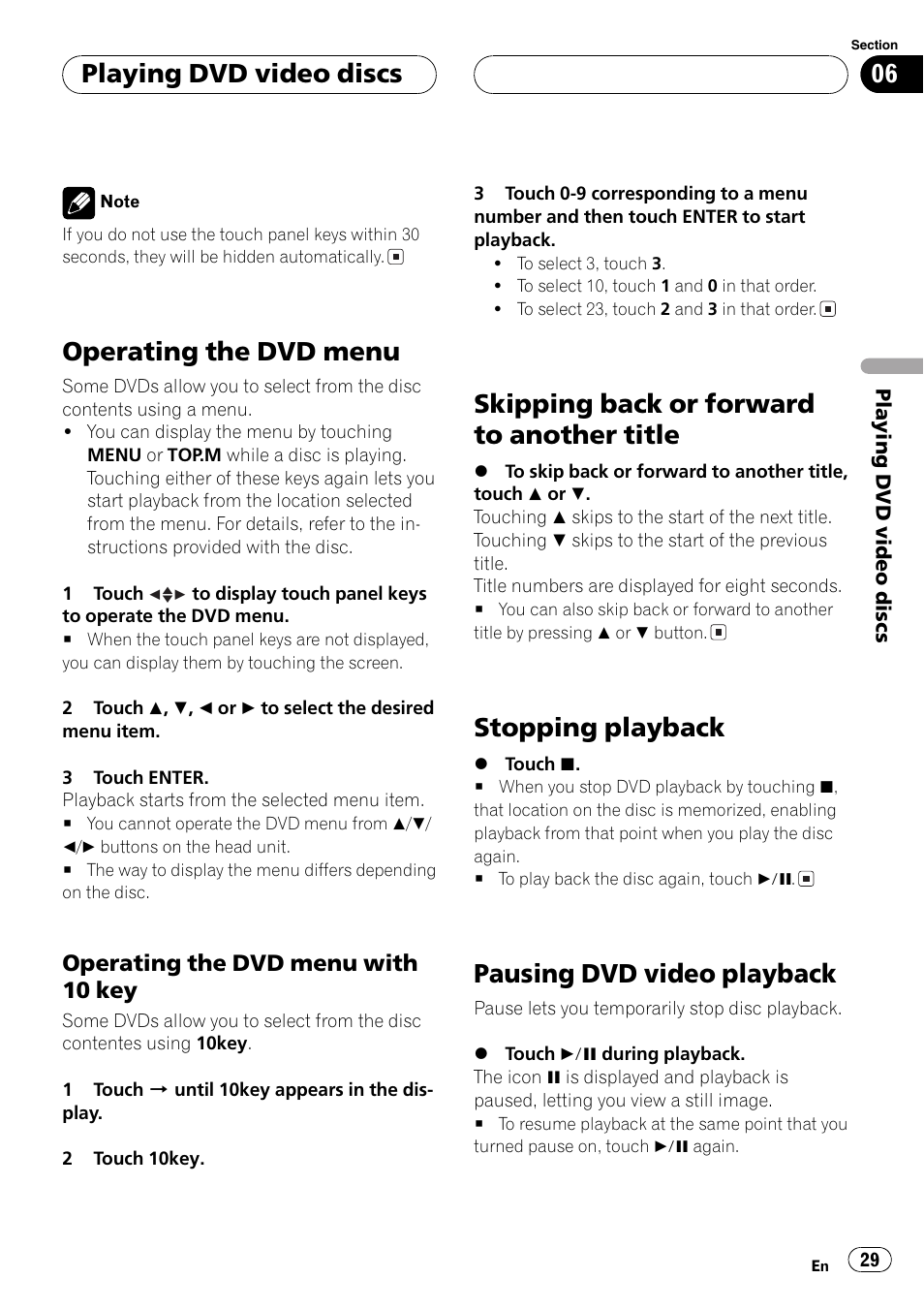 Operating the dvd menu, Skipping back or forward to another title, Stopping playback | Pausing dvd video playback, Playing dvd video discs | Pioneer AV Receiver/DVD Payer with 6.5 inch Wide Display AVH-P5700DVD User Manual | Page 29 / 114