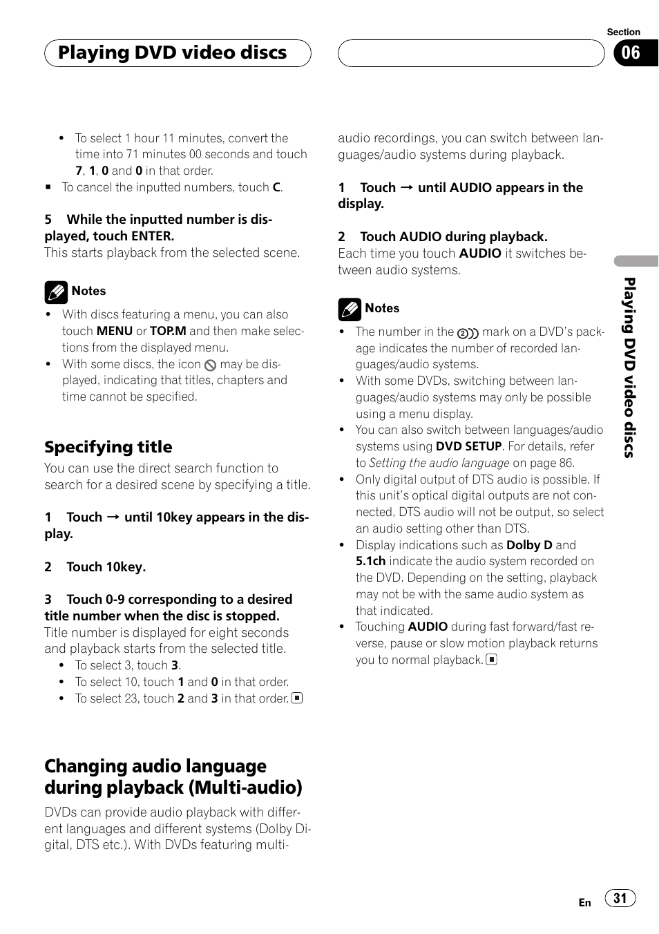 Changing audio language during playback, Multi-audio) 31, Playing dvd video discs | Specifying title | Pioneer AV Receiver/DVD Payer with 6.5 inch Wide Display AVH-P5700DVD User Manual | Page 31 / 114