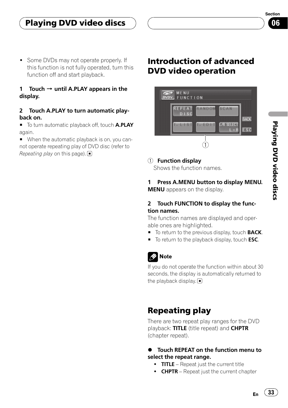 Introduction of advanced dvd video, Operation 33, Repeating play 33 | Introduction of advanced dvd video operation, Repeating play, Playing dvd video discs | Pioneer AV Receiver/DVD Payer with 6.5 inch Wide Display AVH-P5700DVD User Manual | Page 33 / 114