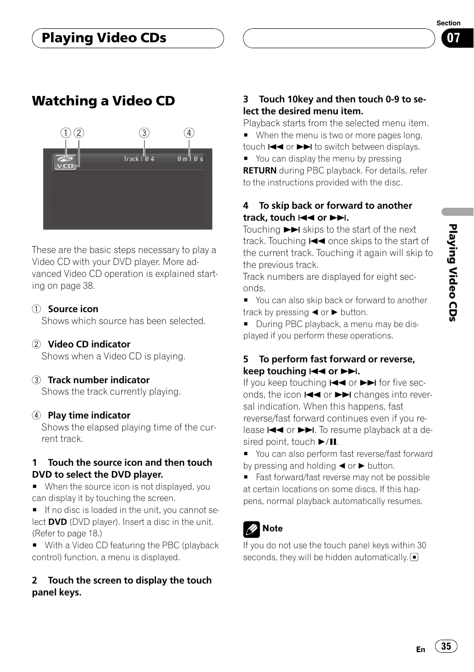 Playing video cds watching a video cd 35, Watching a video cd, Playing video cds | Pioneer AV Receiver/DVD Payer with 6.5 inch Wide Display AVH-P5700DVD User Manual | Page 35 / 114