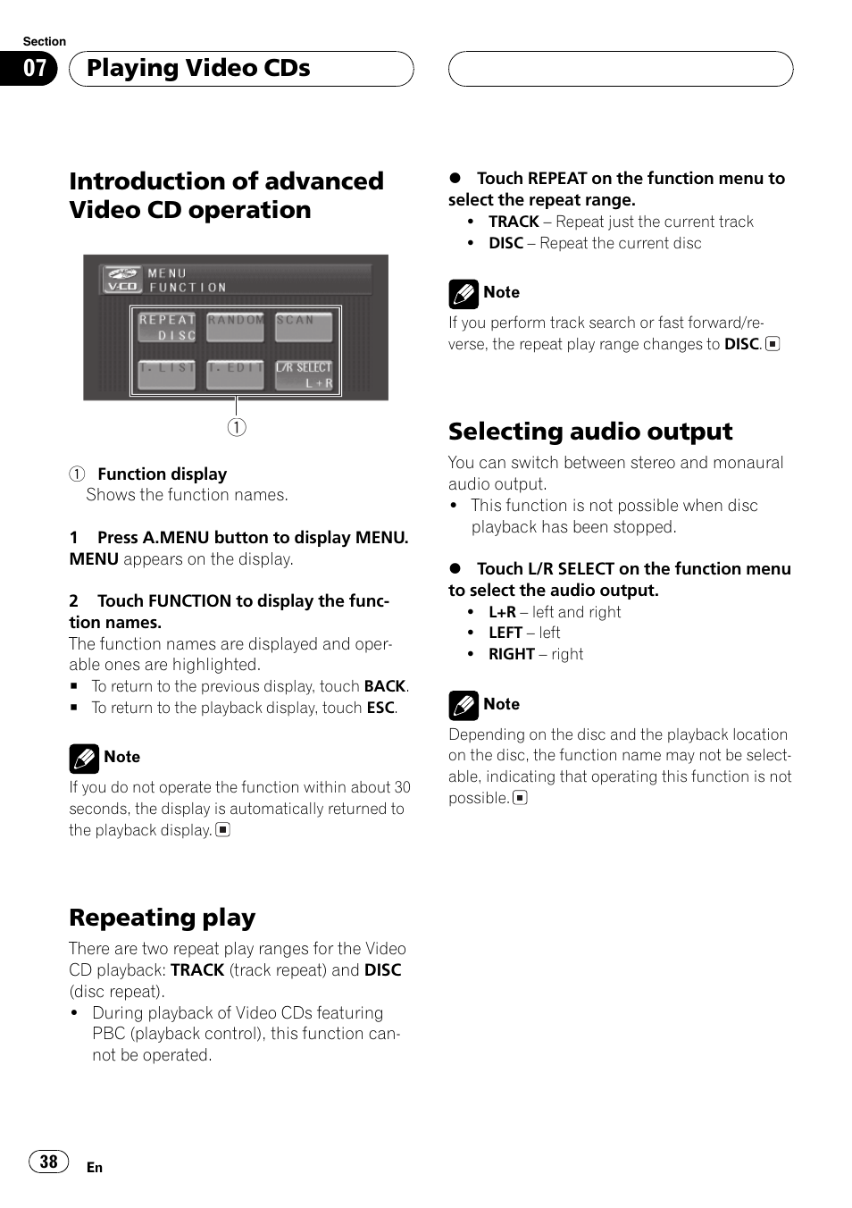 Introduction of advanced video cd, Operation 38, Repeating play 38 selecting audio output 38 | Introduction of advanced video cd operation, Repeating play, Selecting audio output, Playing video cds | Pioneer AV Receiver/DVD Payer with 6.5 inch Wide Display AVH-P5700DVD User Manual | Page 38 / 114