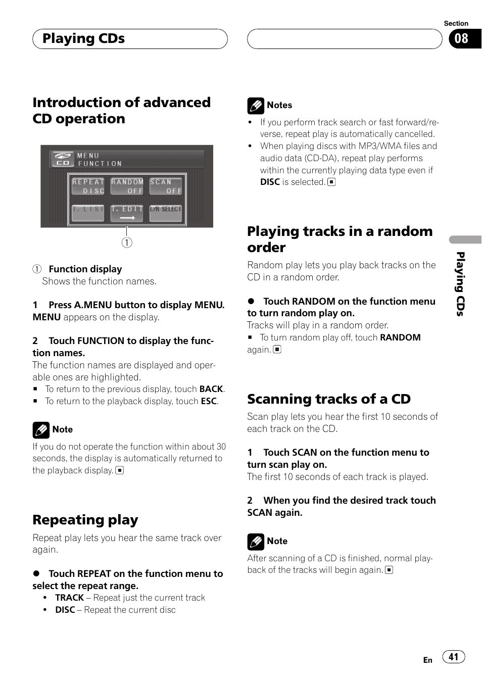 Introduction of advanced cd operation, Repeating play, Playing tracks in a random order | Scanning tracks of a cd, Playing cds | Pioneer AV Receiver/DVD Payer with 6.5 inch Wide Display AVH-P5700DVD User Manual | Page 41 / 114