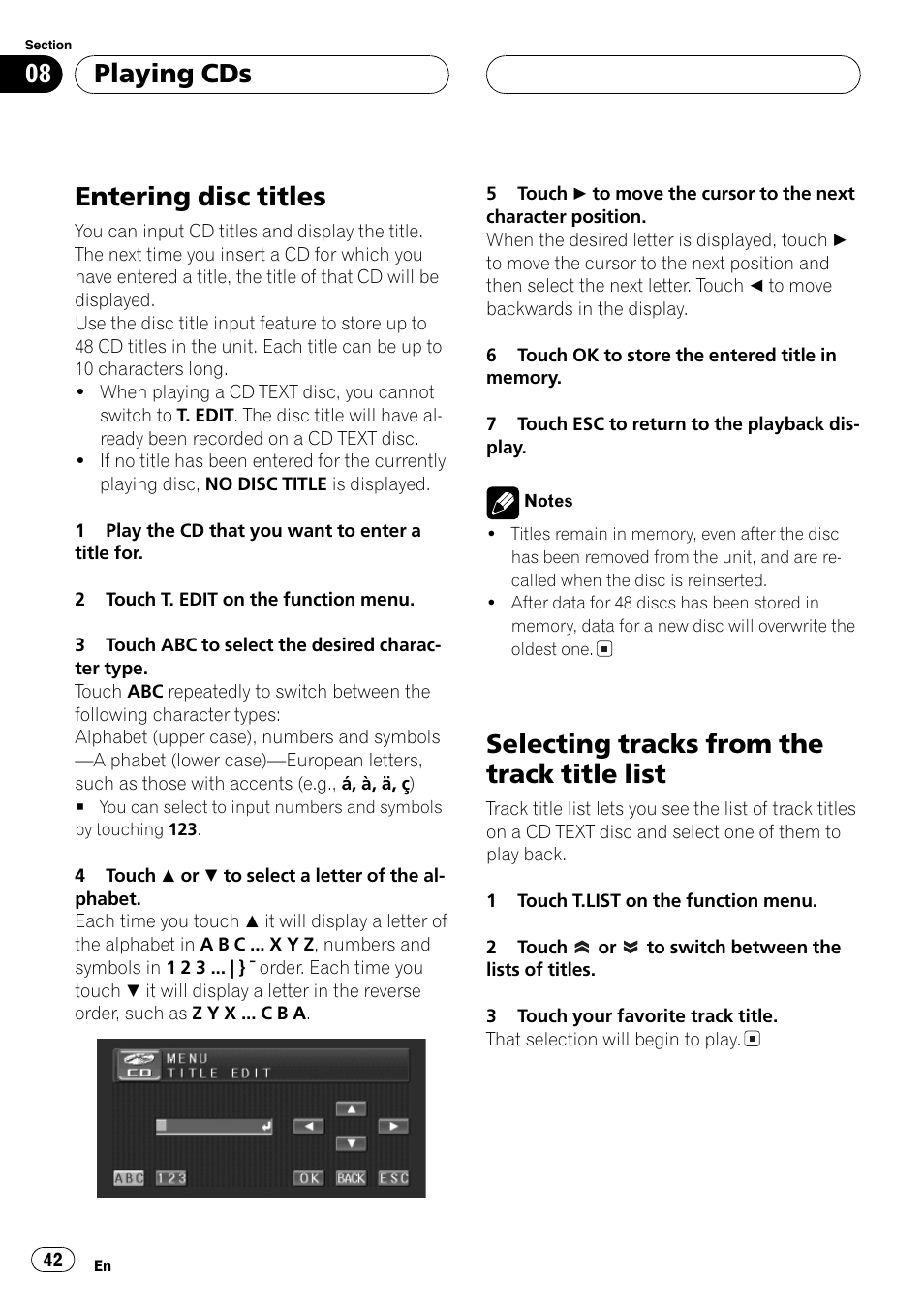 Entering disc titles, Selecting tracks from the track title list, Playing cds | Pioneer AV Receiver/DVD Payer with 6.5 inch Wide Display AVH-P5700DVD User Manual | Page 42 / 114