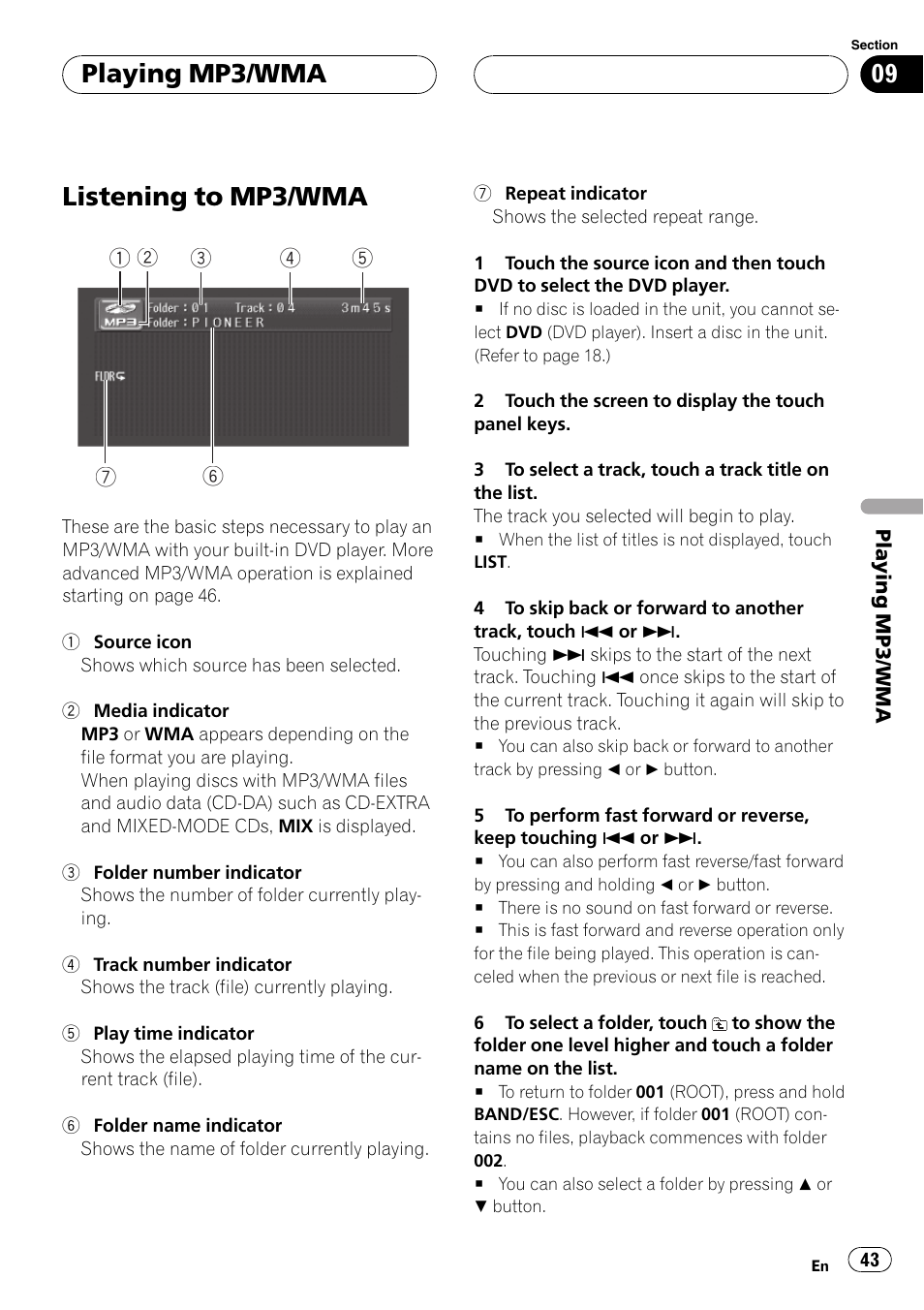Playing mp3/wma listening to mp3/wma 43, Listening to mp3/wma, Playing mp3/wma | Pioneer AV Receiver/DVD Payer with 6.5 inch Wide Display AVH-P5700DVD User Manual | Page 43 / 114