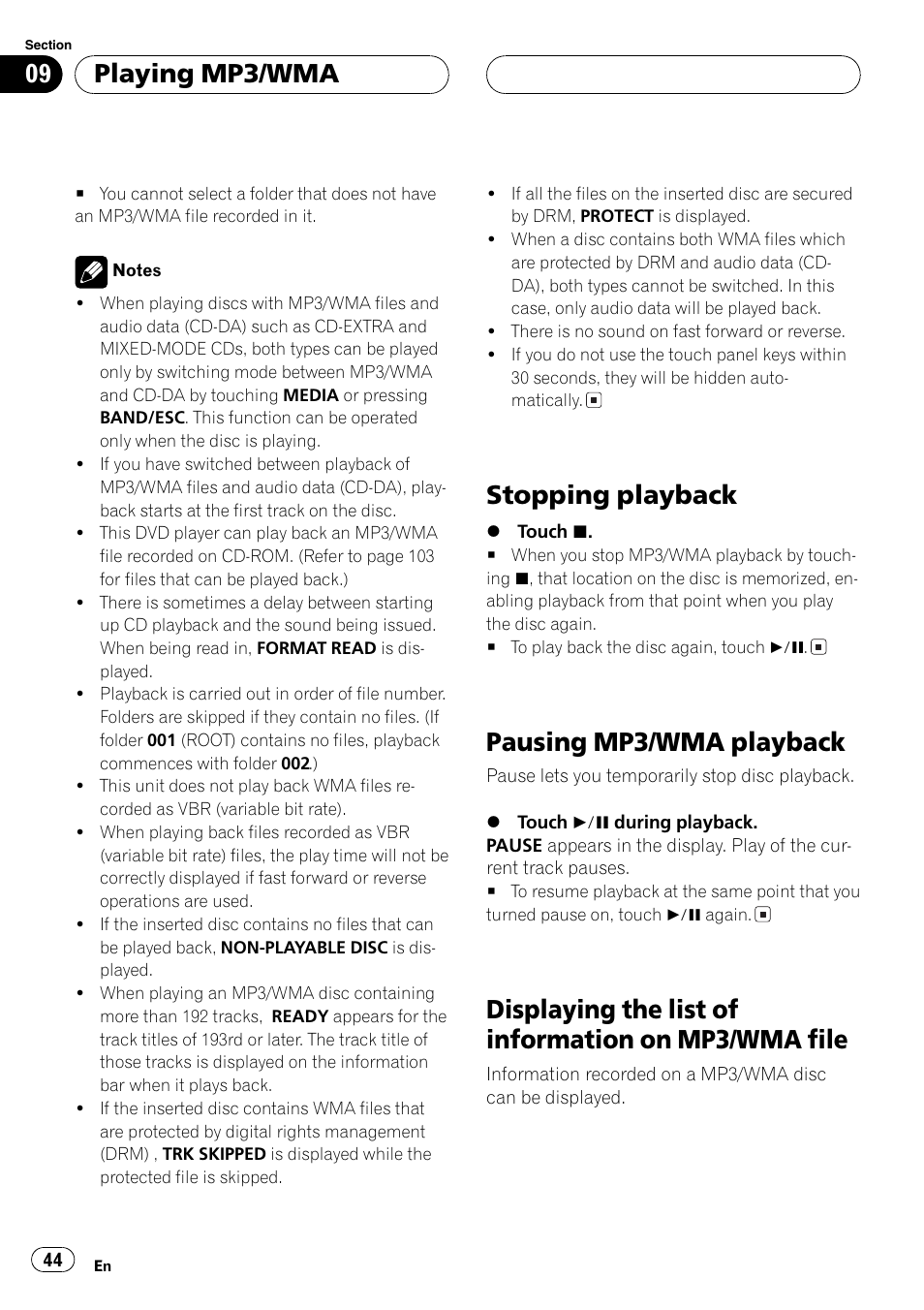 Wma file 44, Stopping playback, Pausing mp3/wma playback | Displaying the list of information on mp3/wma file, Playing mp3/wma | Pioneer AV Receiver/DVD Payer with 6.5 inch Wide Display AVH-P5700DVD User Manual | Page 44 / 114