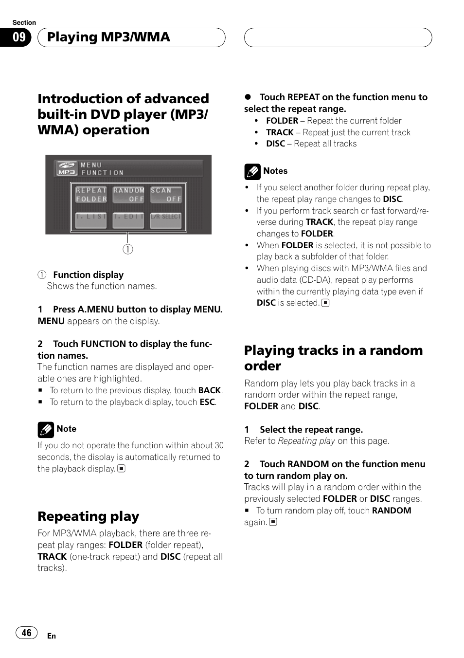 Introduction of advanced built-in dvd player, Mp3/wma) operation 46, Repeating play 46 | Playing tracks in a random order 46, Repeating play, Playing tracks in a random order, Playing mp3/wma | Pioneer AV Receiver/DVD Payer with 6.5 inch Wide Display AVH-P5700DVD User Manual | Page 46 / 114