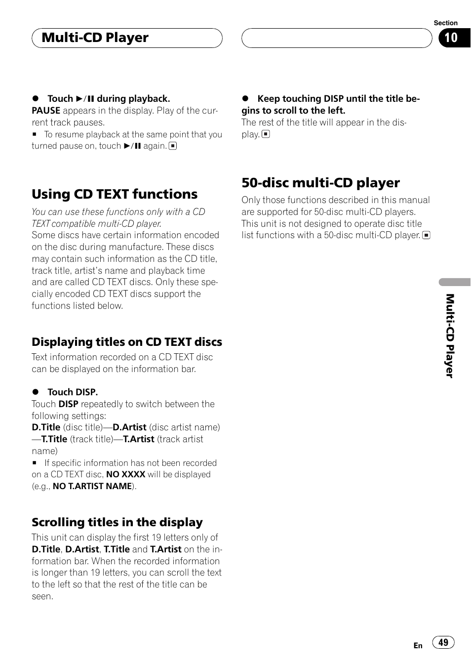 Using cd text functions, Disc multi-cd player, Multi-cd player | Pioneer AV Receiver/DVD Payer with 6.5 inch Wide Display AVH-P5700DVD User Manual | Page 49 / 114