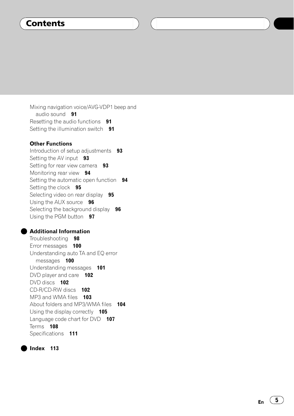 Pioneer AV Receiver/DVD Payer with 6.5 inch Wide Display AVH-P5700DVD User Manual | Page 5 / 114