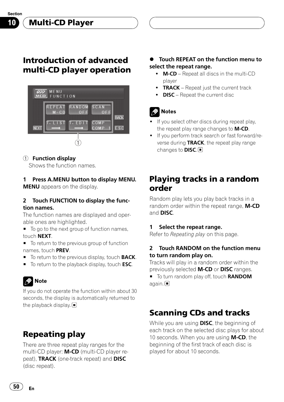 Introduction of advanced multi-cd player, Operation 50, Introduction of advanced multi-cd player operation | Repeating play, Playing tracks in a random order, Scanning cds and tracks, Multi-cd player | Pioneer AV Receiver/DVD Payer with 6.5 inch Wide Display AVH-P5700DVD User Manual | Page 50 / 114