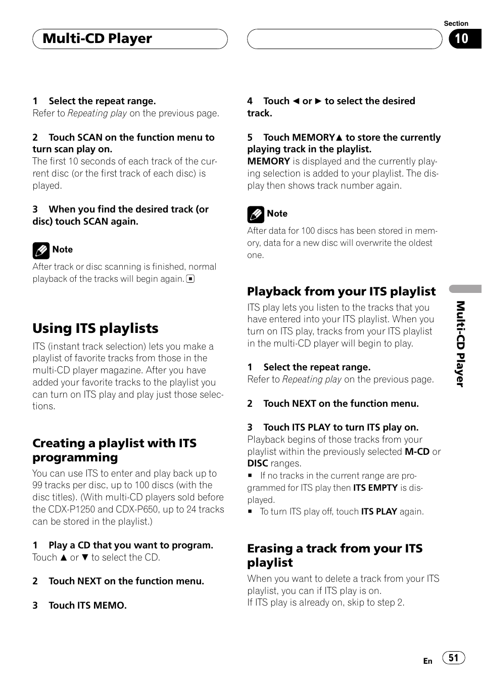 Using its playlists 51, Using its playlists, Multi-cd player | Creating a playlist with its programming, Playback from your its playlist, Erasing a track from your its playlist | Pioneer AV Receiver/DVD Payer with 6.5 inch Wide Display AVH-P5700DVD User Manual | Page 51 / 114