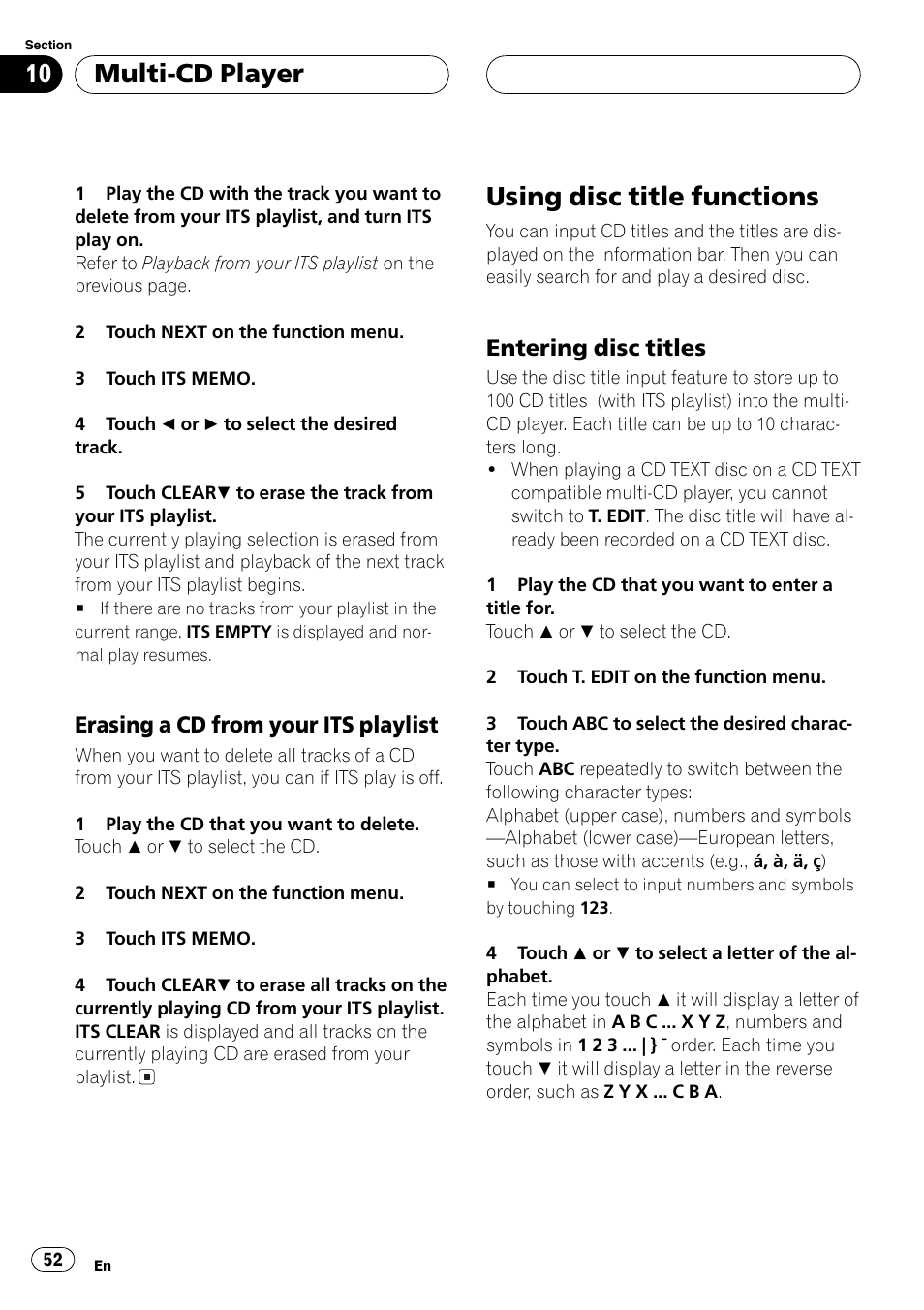 Using disc title functions 52, Using disc title functions, Multi-cd player | Erasing a cd from your its playlist, Entering disc titles | Pioneer AV Receiver/DVD Payer with 6.5 inch Wide Display AVH-P5700DVD User Manual | Page 52 / 114