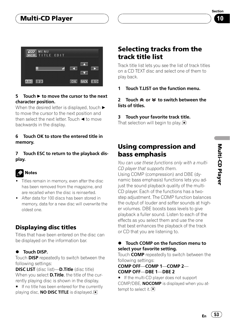 Selecting tracks from the track title list, Using compression and bass emphasis, Multi-cd player | Pioneer AV Receiver/DVD Payer with 6.5 inch Wide Display AVH-P5700DVD User Manual | Page 53 / 114