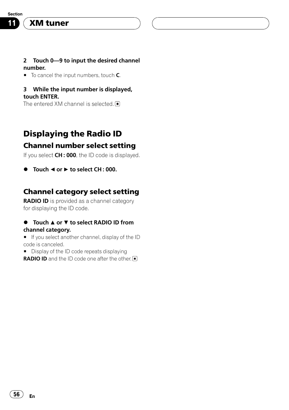 Displaying the radio id 56, Displaying the radio id, Xm tuner | Pioneer AV Receiver/DVD Payer with 6.5 inch Wide Display AVH-P5700DVD User Manual | Page 56 / 114