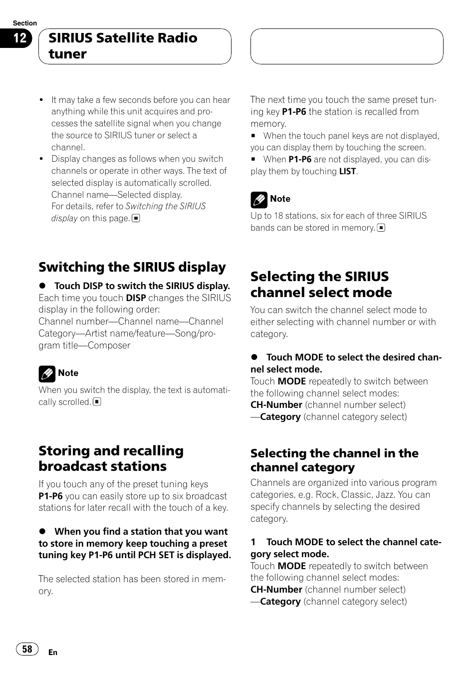 Switching the sirius display, Storing and recalling broadcast stations, Selecting the sirius channelselect mode | Sirius satellite radio tuner | Pioneer AV Receiver/DVD Payer with 6.5 inch Wide Display AVH-P5700DVD User Manual | Page 58 / 114