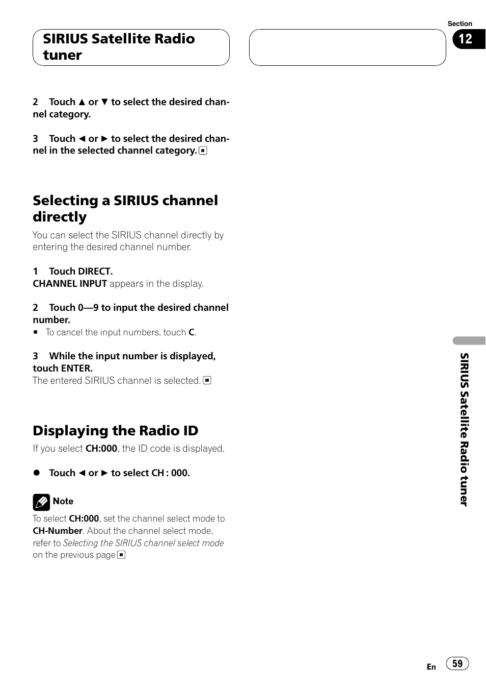 Selecting a sirius channel directly, Displaying the radio id, Sirius satellite radio tuner | Pioneer AV Receiver/DVD Payer with 6.5 inch Wide Display AVH-P5700DVD User Manual | Page 59 / 114