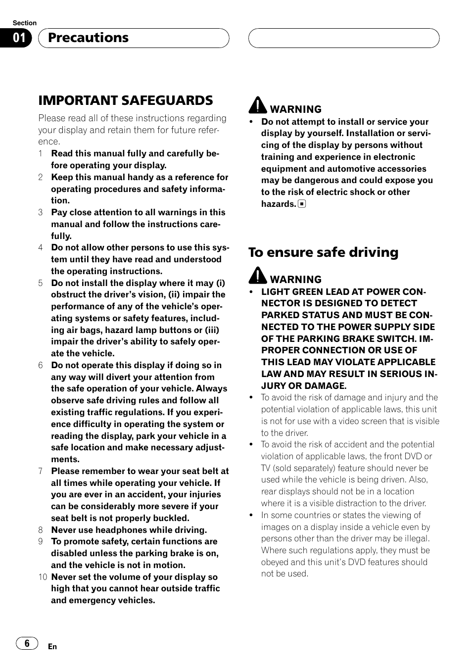 Important safeguards, Precautions | Pioneer AV Receiver/DVD Payer with 6.5 inch Wide Display AVH-P5700DVD User Manual | Page 6 / 114