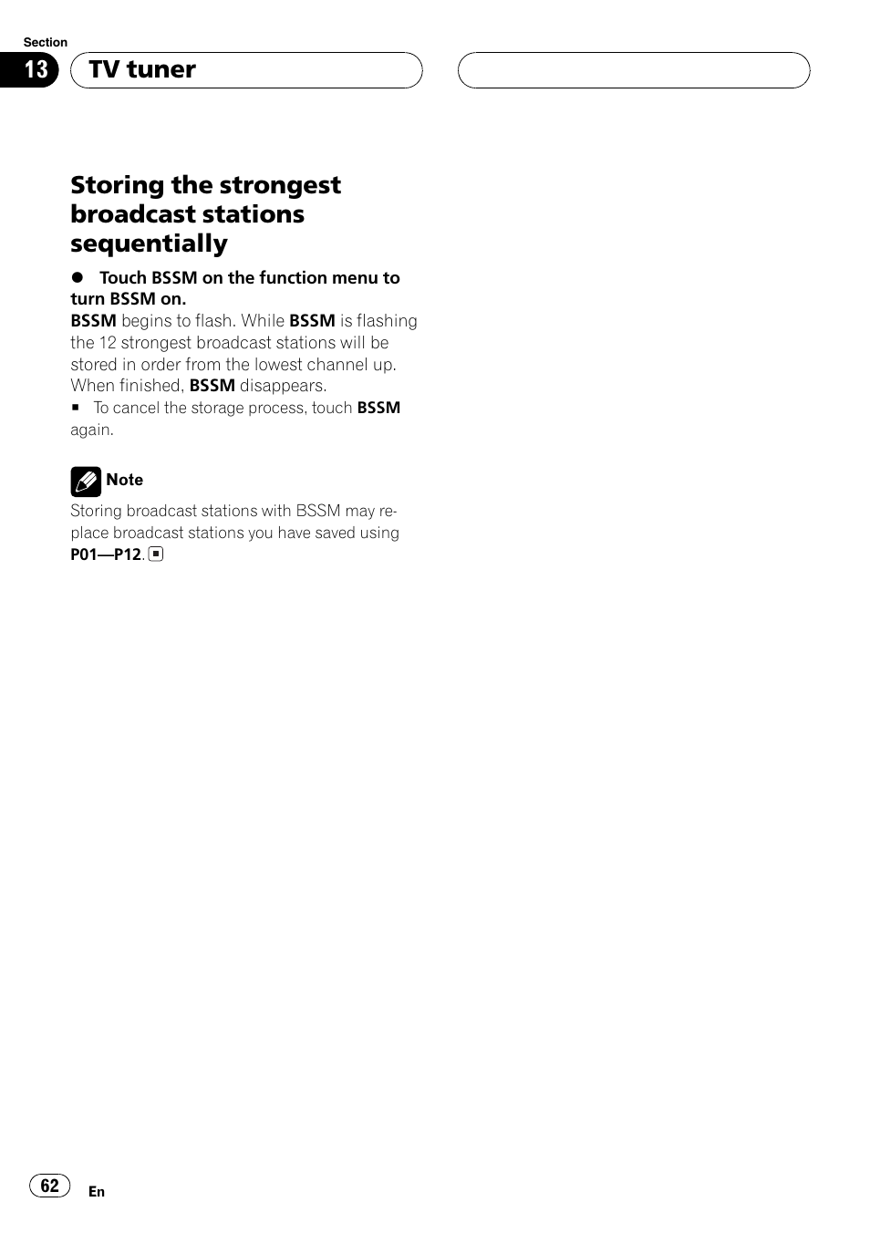 Storing the strongest broadcast stations, Sequentially 62, Tv tuner | Pioneer AV Receiver/DVD Payer with 6.5 inch Wide Display AVH-P5700DVD User Manual | Page 62 / 114