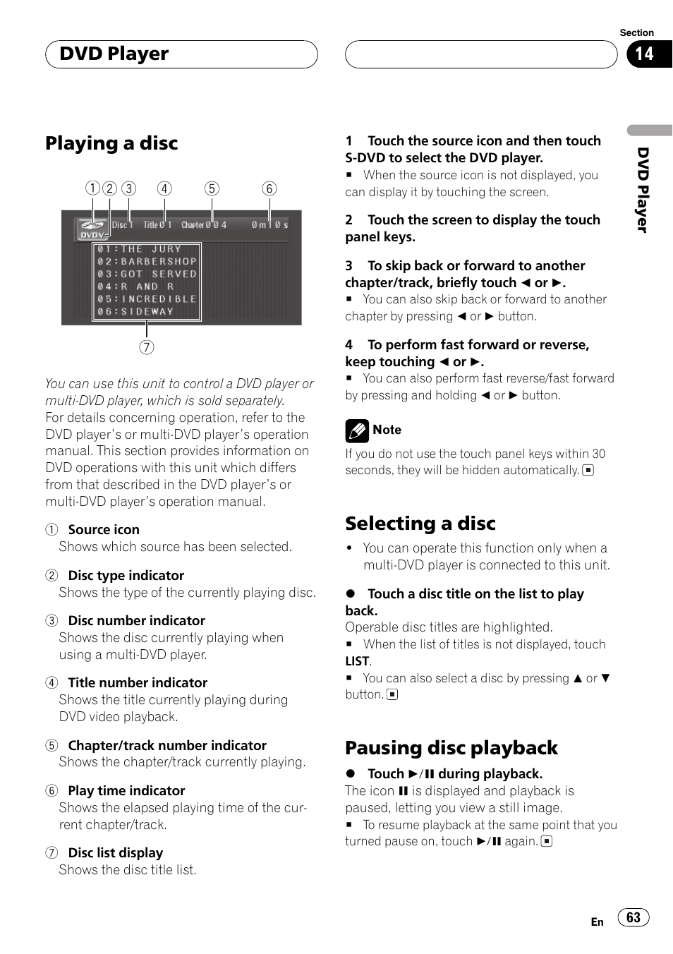 Playing a disc, Selecting a disc, Pausing disc playback | Dvd player | Pioneer AV Receiver/DVD Payer with 6.5 inch Wide Display AVH-P5700DVD User Manual | Page 63 / 114