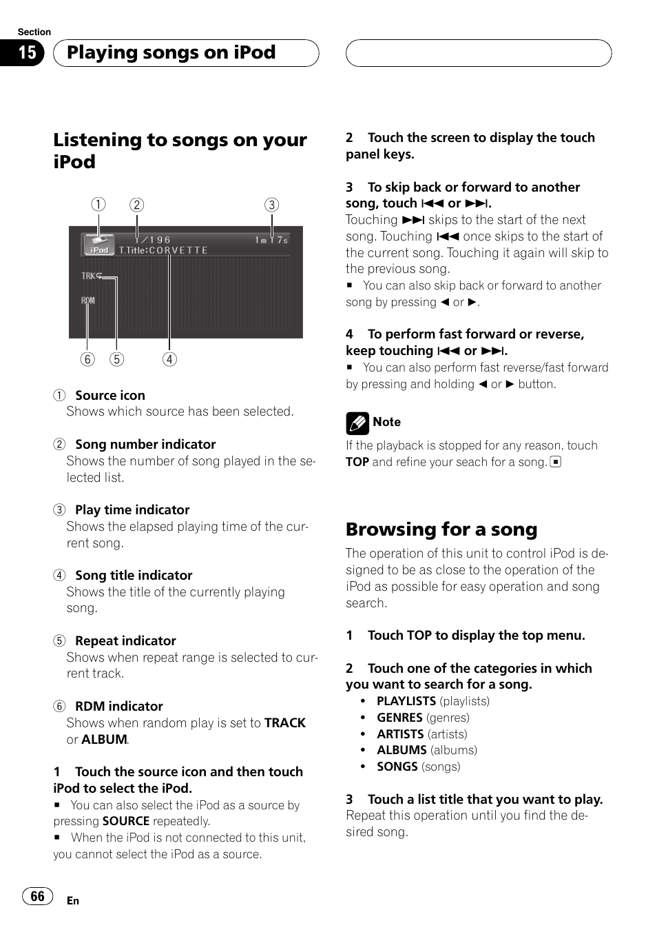 Listening to songs on your ipod, Browsing for a song, Playing songs on ipod | Pioneer AV Receiver/DVD Payer with 6.5 inch Wide Display AVH-P5700DVD User Manual | Page 66 / 114