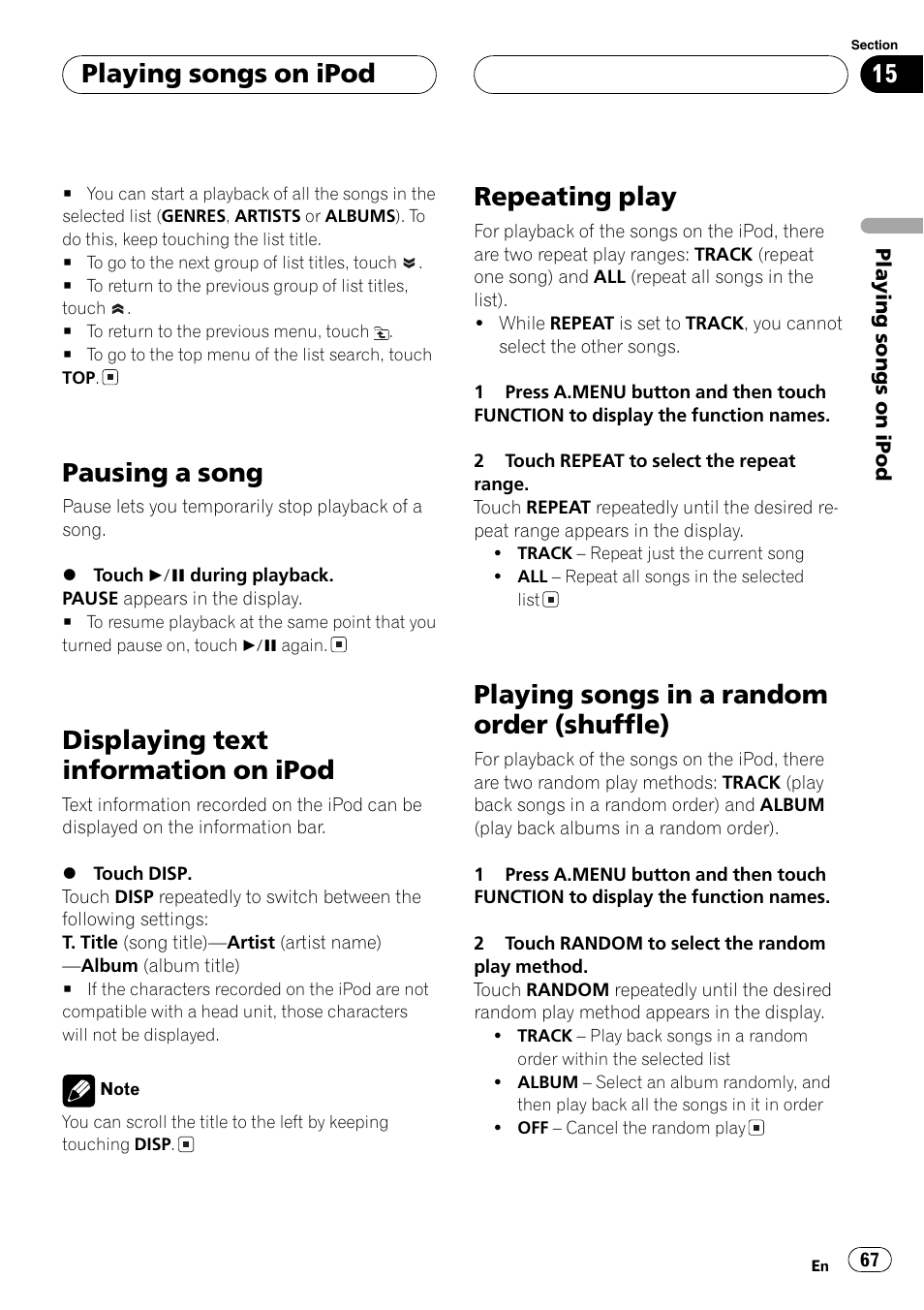 Shuffle) 67, Pausing a song, Displaying text information on ipod | Repeating play, Playing songs in a random order (shuffle), Playing songs on ipod | Pioneer AV Receiver/DVD Payer with 6.5 inch Wide Display AVH-P5700DVD User Manual | Page 67 / 114