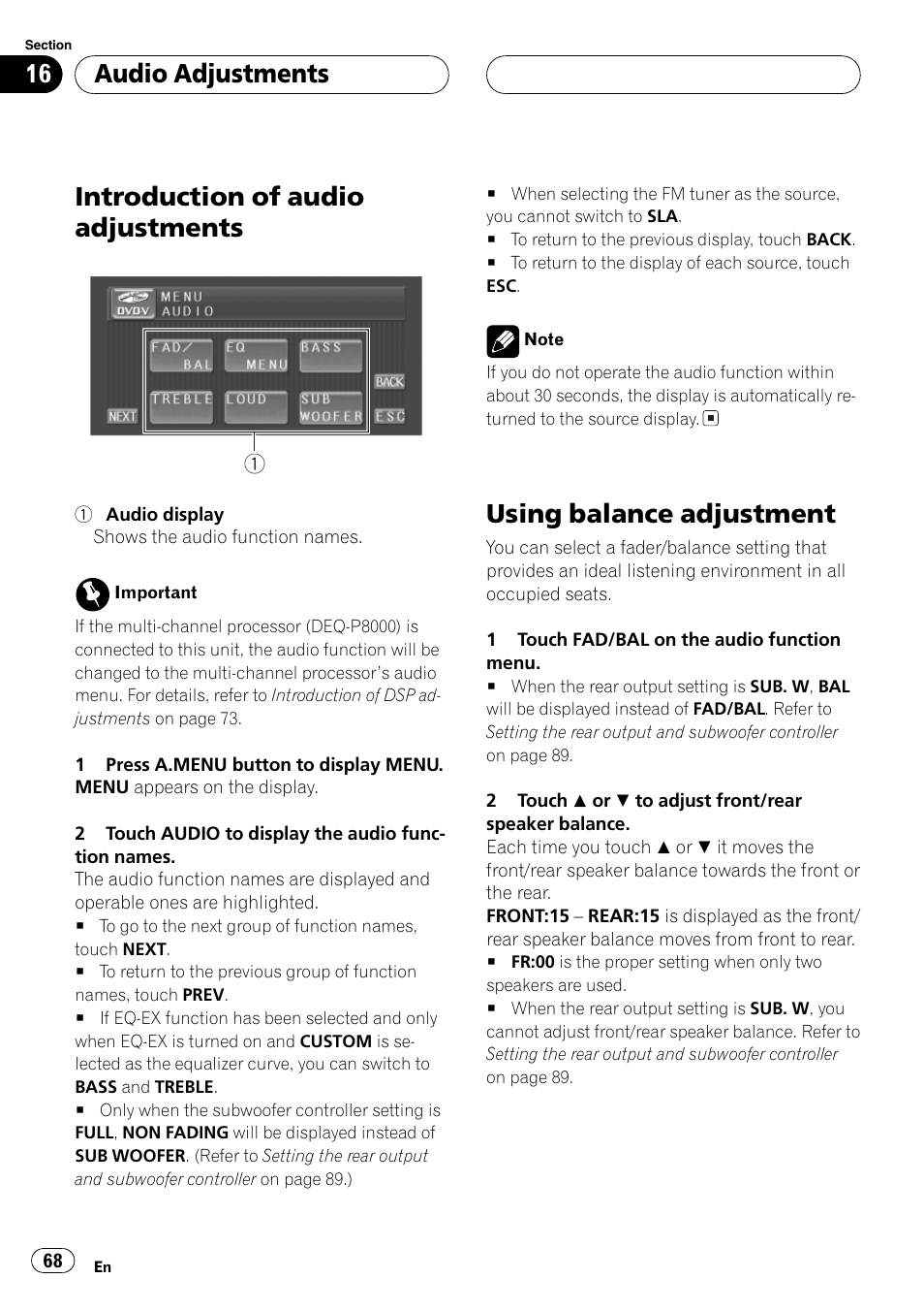Introduction of audio adjustments, Using balance adjustment, Audio adjustments | Pioneer AV Receiver/DVD Payer with 6.5 inch Wide Display AVH-P5700DVD User Manual | Page 68 / 114