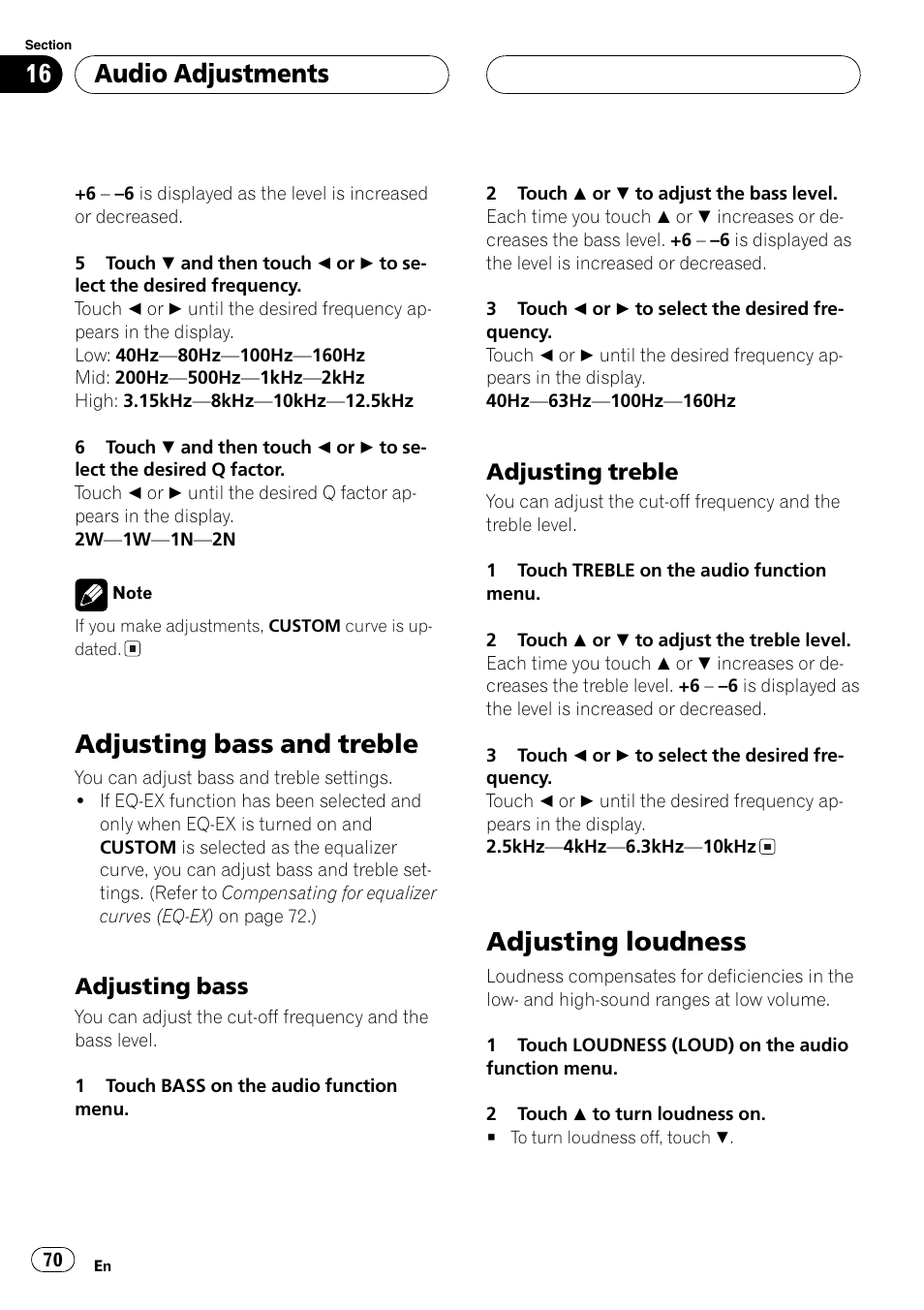 Adjusting bass and treble 70 adjusting loudness 70, Adjusting bass and treble, Adjusting loudness | Audio adjustments, Adjusting bass, Adjusting treble | Pioneer AV Receiver/DVD Payer with 6.5 inch Wide Display AVH-P5700DVD User Manual | Page 70 / 114
