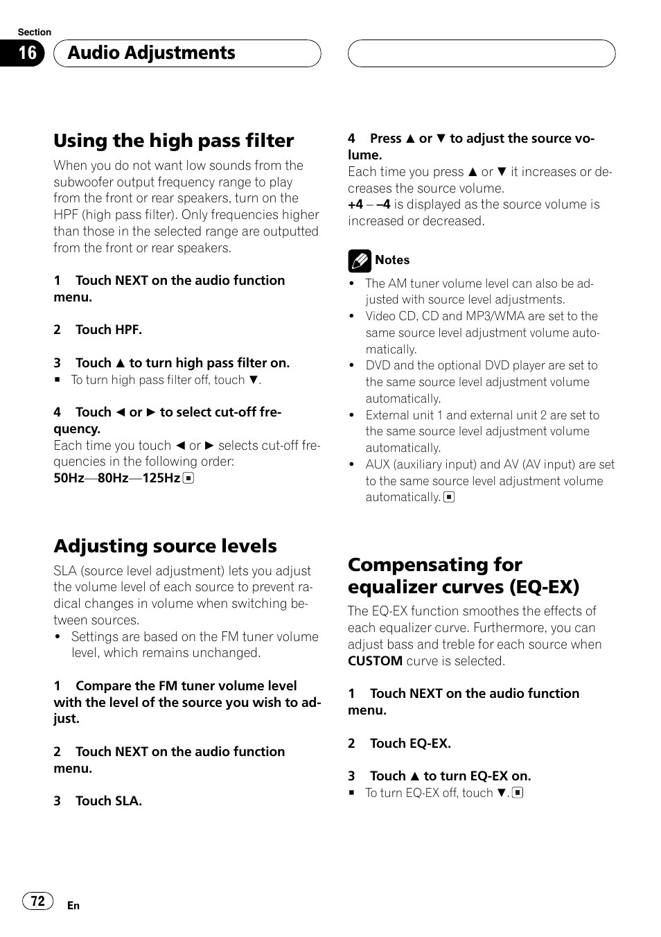 Ex) 72, Using the high pass filter, Adjusting source levels | Compensating for equalizer curves (eq-ex), Audio adjustments | Pioneer AV Receiver/DVD Payer with 6.5 inch Wide Display AVH-P5700DVD User Manual | Page 72 / 114