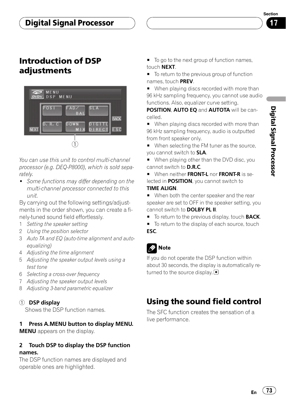 Introduction of dsp adjustments, Using the sound field control, Digitalsignalprocessor | Pioneer AV Receiver/DVD Payer with 6.5 inch Wide Display AVH-P5700DVD User Manual | Page 73 / 114