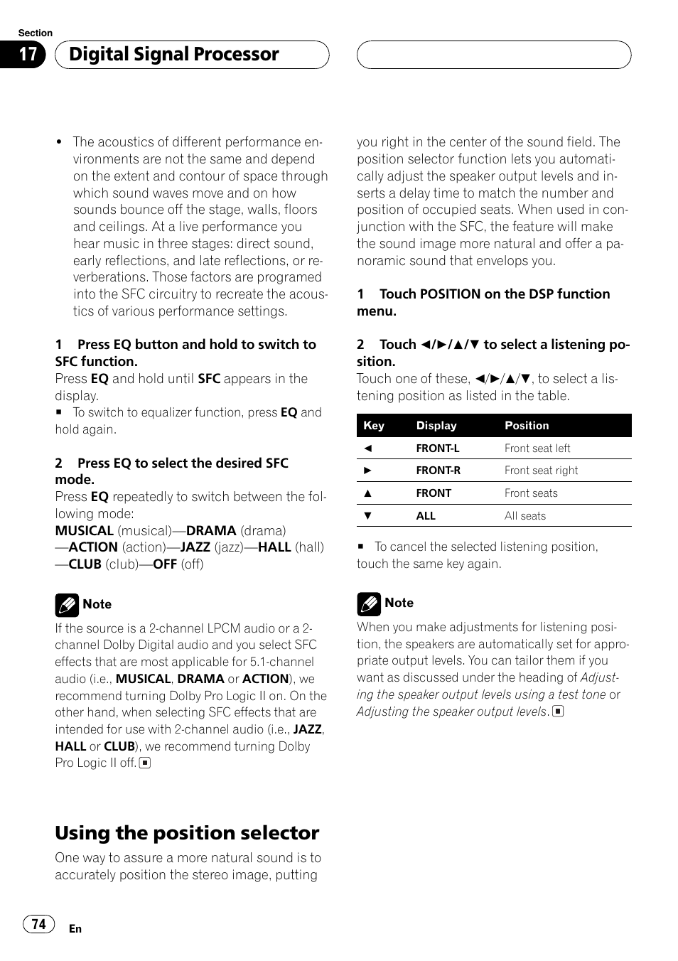Using the position selector 74, Using the position selector, Digitalsignalprocessor | Pioneer AV Receiver/DVD Payer with 6.5 inch Wide Display AVH-P5700DVD User Manual | Page 74 / 114