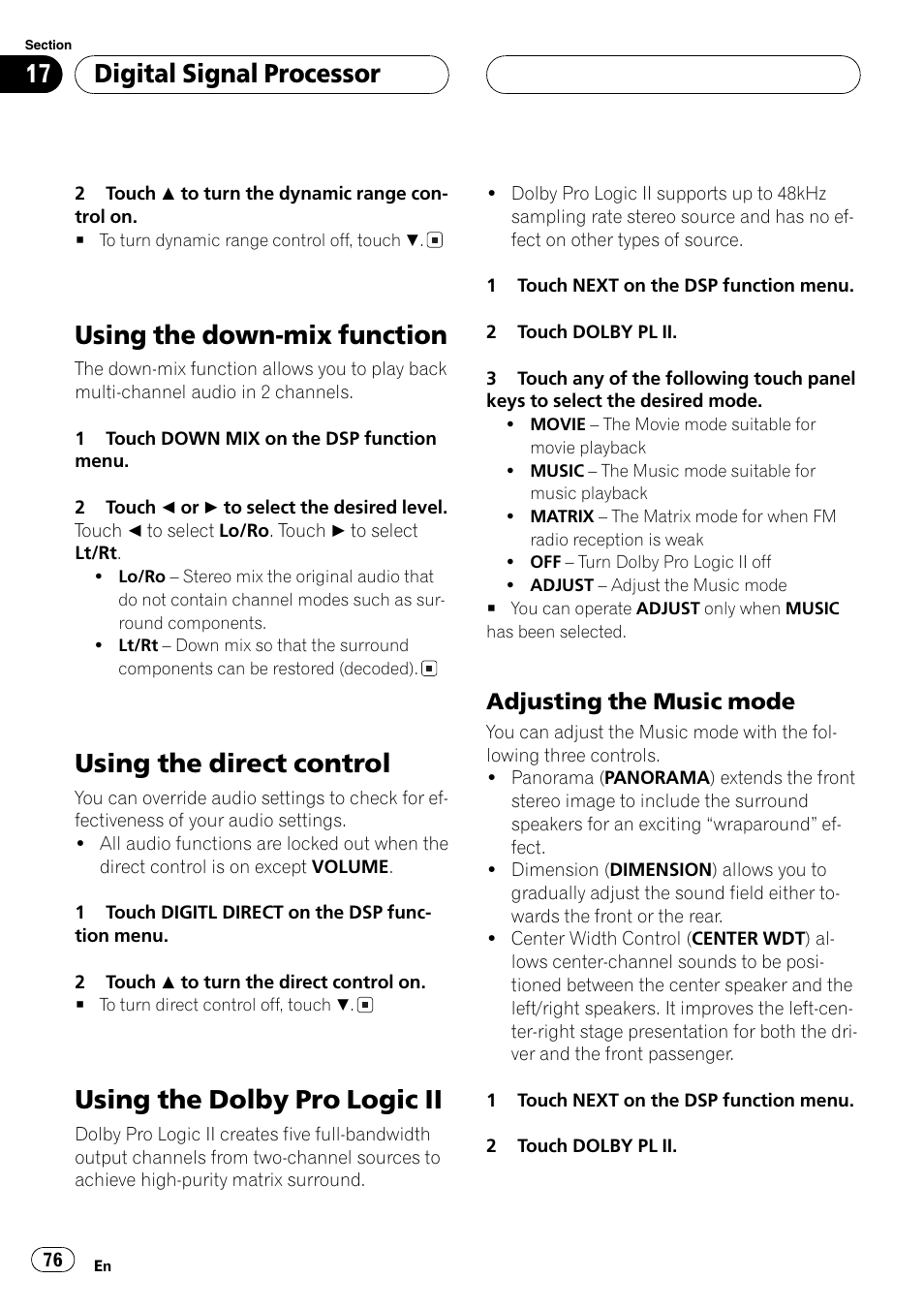 Using the down-mix function, Using the direct control, Using the dolby pro logic ii | Digitalsignalprocessor, Adjusting the music mode | Pioneer AV Receiver/DVD Payer with 6.5 inch Wide Display AVH-P5700DVD User Manual | Page 76 / 114