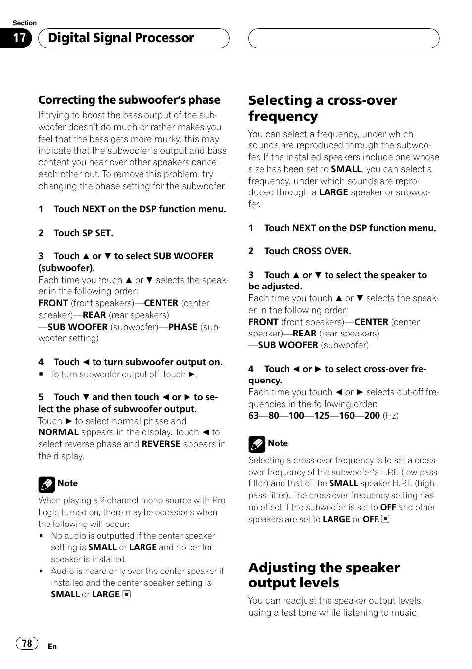 Selecting a cross-over frequency, Adjusting the speaker output levels, Digitalsignalprocessor | Correcting the subwoofers phase | Pioneer AV Receiver/DVD Payer with 6.5 inch Wide Display AVH-P5700DVD User Manual | Page 78 / 114