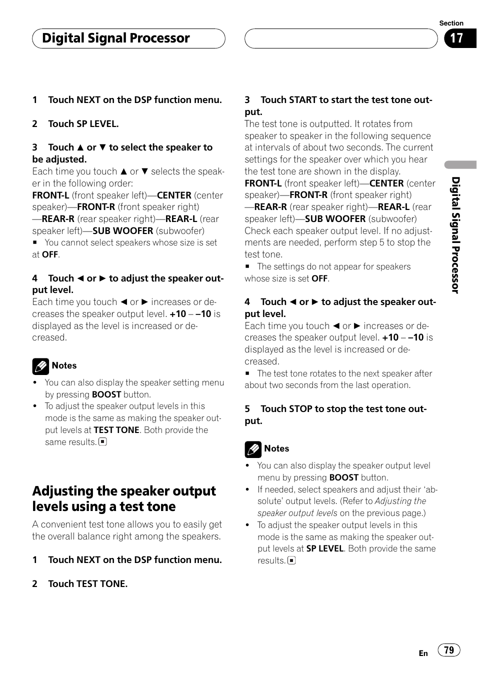 Adjusting the speaker output levels using a, Test tone 79, Test tone | Digitalsignalprocessor | Pioneer AV Receiver/DVD Payer with 6.5 inch Wide Display AVH-P5700DVD User Manual | Page 79 / 114