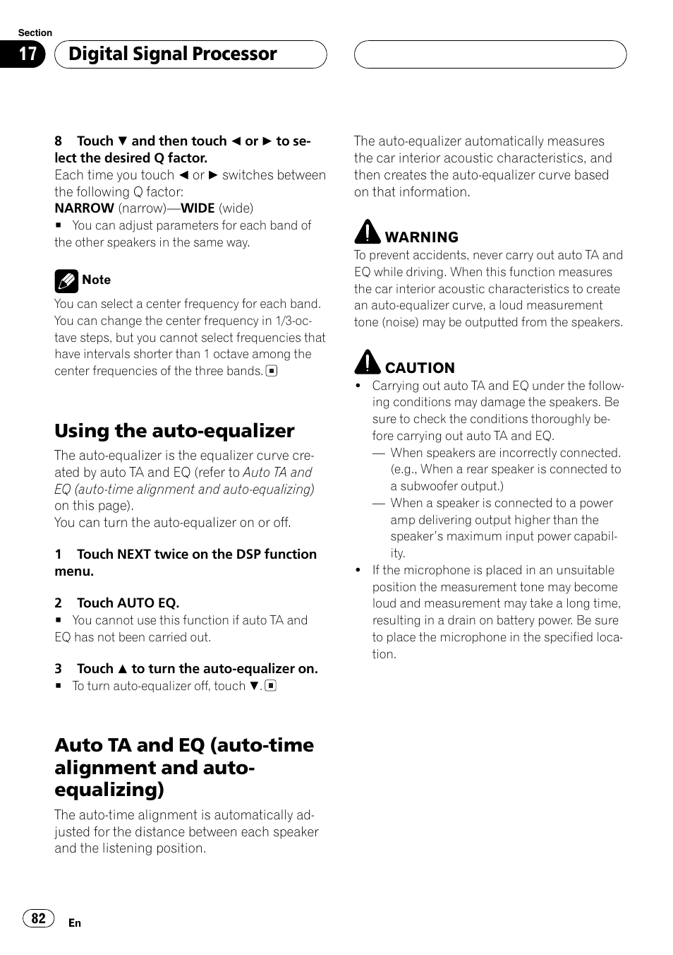 Auto-equalizing) 82, Auto ta and eq (auto-time alignment and auto, Equalizing) | Using the auto-equalizer, Digitalsignalprocessor | Pioneer AV Receiver/DVD Payer with 6.5 inch Wide Display AVH-P5700DVD User Manual | Page 82 / 114