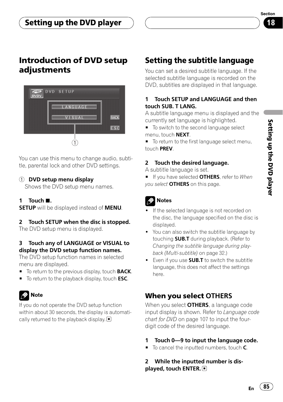 Introduction of dvd setup adjustments, Setting the subtitle language, Setting up the dvd player | Pioneer AV Receiver/DVD Payer with 6.5 inch Wide Display AVH-P5700DVD User Manual | Page 85 / 114