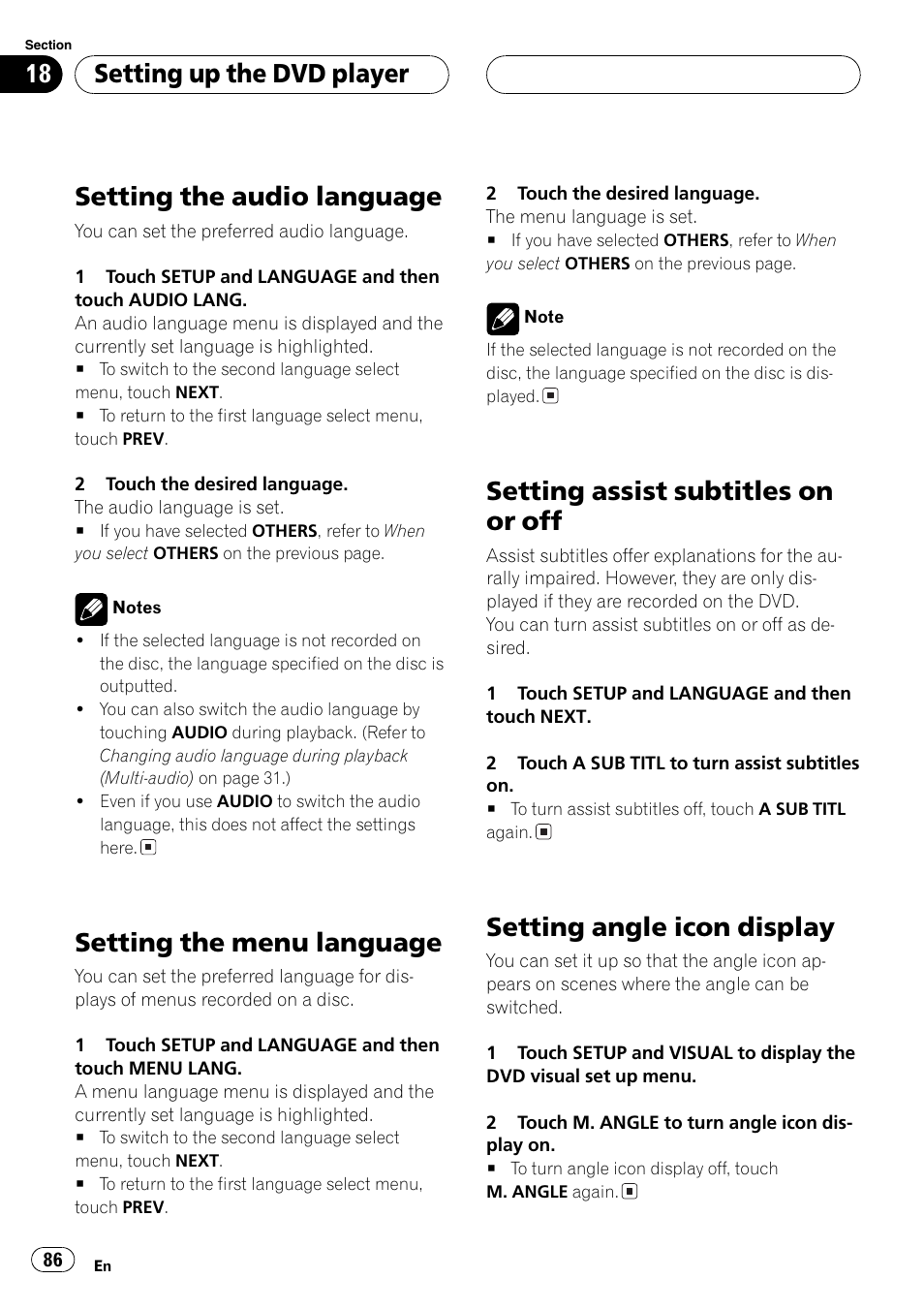 Setting the audio language, Setting the menu language, Setting assist subtitles on or off | Setting angle icon display, Setting up the dvd player | Pioneer AV Receiver/DVD Payer with 6.5 inch Wide Display AVH-P5700DVD User Manual | Page 86 / 114