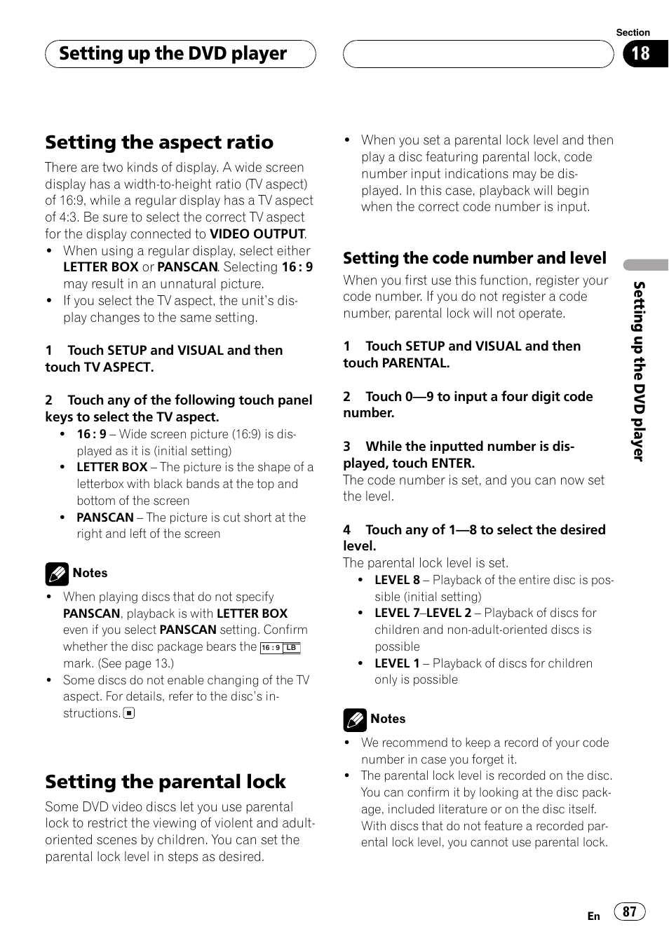 Setting the aspect ratio, Setting the parentallock, Setting up the dvd player | Setting the code number and level | Pioneer AV Receiver/DVD Payer with 6.5 inch Wide Display AVH-P5700DVD User Manual | Page 87 / 114